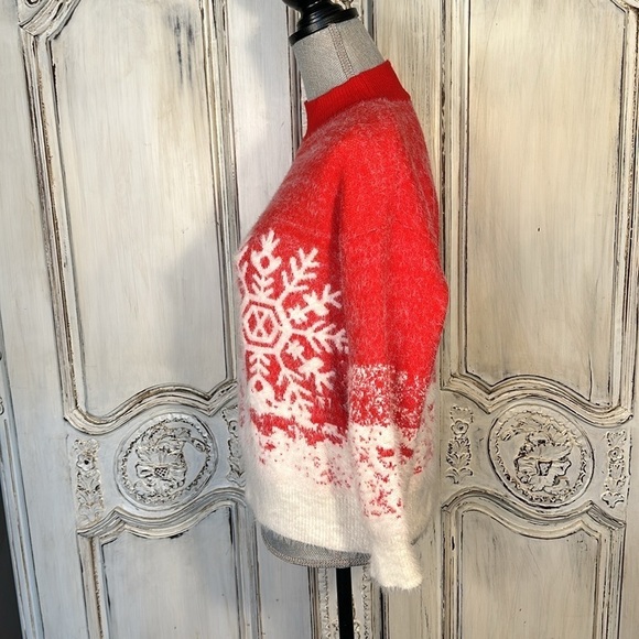 Red and White Snowflakes Eyelash Yarn High Crewneck Super Soft Pullover Sweater - Picture 8 of 11